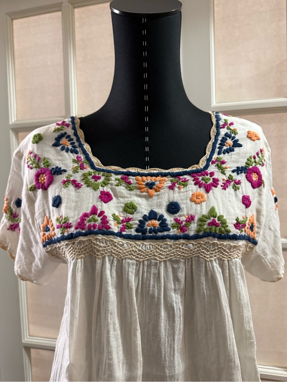 THML White Embroidered Peasant Tunic with Multicolor Floral Yoke - Picture 5 of 5